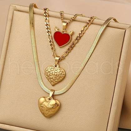 304 Stainless Steel FireBrick Enamel Heart Pendant 3 Layer Necklaces for Women FS-WG3B4D3-02-1