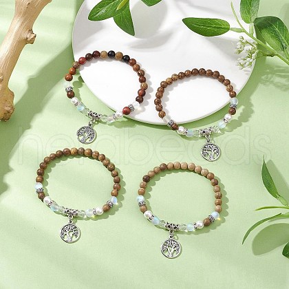 4Pcs Wood Round Bead Charm Bracelets for Women BJEW-JB11645-1