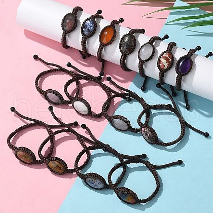 Adjustable Oval Natural Gemstone Braided Bead Bracelets BJEW-H626-02-1