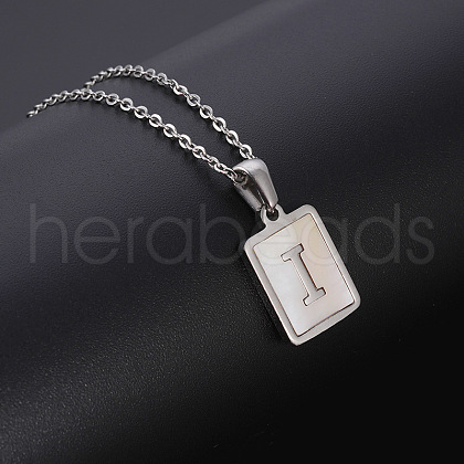 Rectangle Stainless Steel Pave Natural White Shell Pendant Necklaces FS-WG3D812-09-1