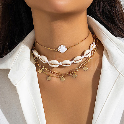 Shell Shape Alloy White Enamel & Natural Shell Pendant Multi Layered Necklaces for Women FS-WG726DA-02-1