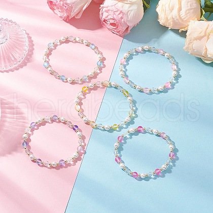 5Pcs Synthetic Moonstone & Glass & Shell Pearl Beads Strech Bracelets for Women BJEW-JB11856-1