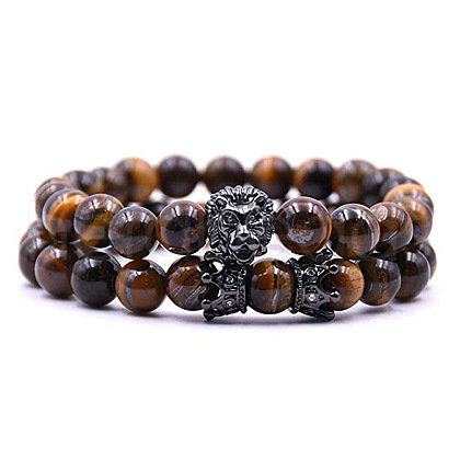 2Pcs Natural Tiger Eye Round Beaded Stretch Bracelets CG7988-15-1