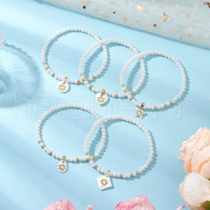 5Pcs 5 Styles Natural Freshwater Shell with Metal Sun Slice Charm Bracelets BJEW-JB11688-1-1