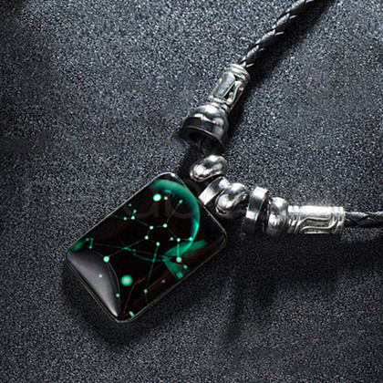 Luminous Alloy Glass Rectangle with Constellation Pendant Black Braided PU Leather Cord Necklaces WGCC9BA-09-1