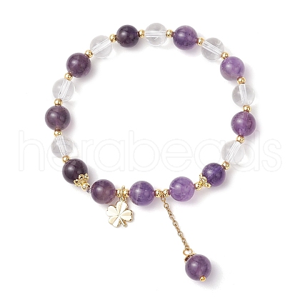 Natural Quartz Crystal & Amethyst Round Beaded Stretch Bracelets BJEW-JB11935-03-1