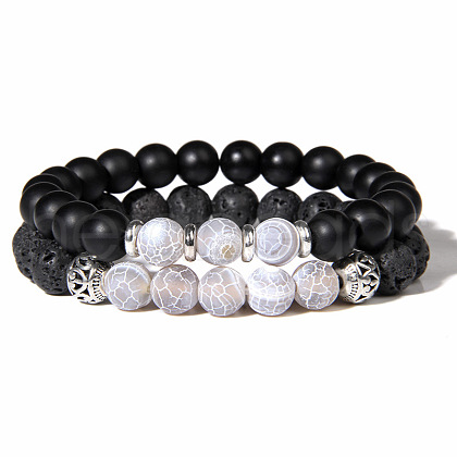 Natural Lava Rock & Frosted Stone Round Beads Stretch Bracelet Set Women DF9720-8-1