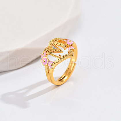 Heart & Flower Brass Pearl Pink Enamel Adjustable Finger Rings FS-WG8B9BA-12-1