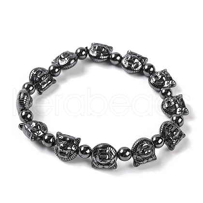 Round & Tiger Head Synthetic Non-magnetic Hematite Beaded Stretch Bracelets for Women BJEW-Q345-06-1