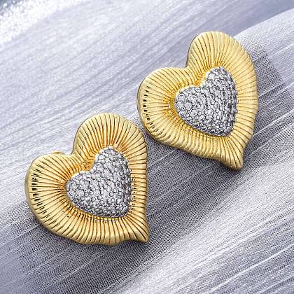 Heart Brass Micro Pave Clear Cubic Zirconia Stud Earrings EJEW-H158-02G-1