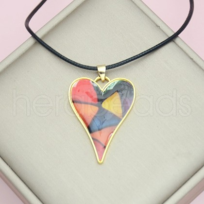 Colorful Heart Alloy Enamel Pendant Black Imitation Leather Cord Necklaces for Women FS-WG0924D-01-1