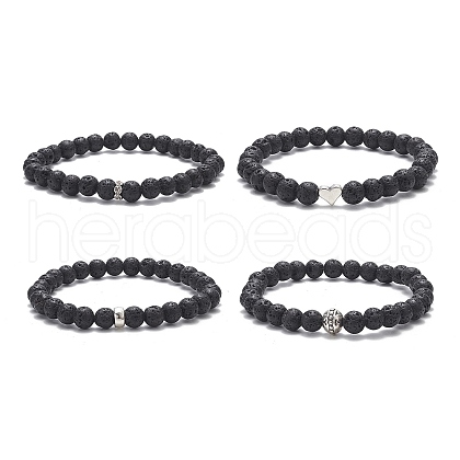 4Pcs 4 Style Heart & Round & Flat Round Alloy & Natural Lava Rock Beaded Stretch Bracelets Set for Women BJEW-JB09365-1