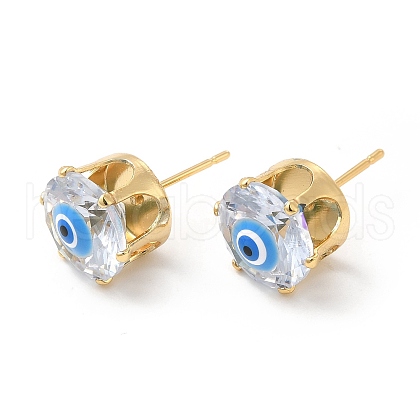 Flat Round Glass with Enamel Evil Eye Stud Earrings EJEW-P210-04G-06-1