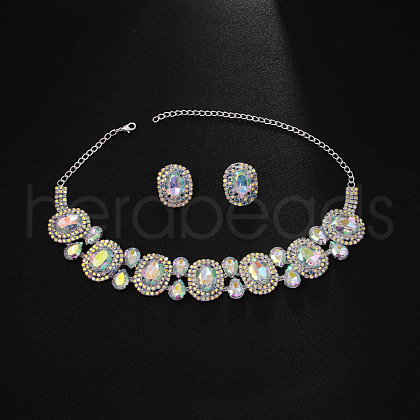 Oval Alloy Glass Pendant Necklaces & Stud Earrings Sets FS-WG19BF3-01-1