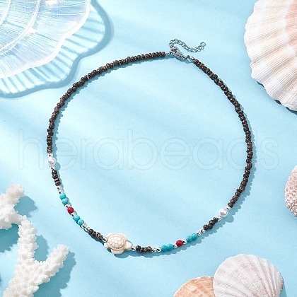 Summer Beach Synthetic Turquoise & Natural Coconut Beaded Neklaces NJEW-JN05208-02-1