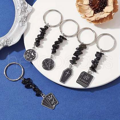 5Pcs Natural Obsidian Chip & Alloy Enamel Kcychain KEYC-JKC00604-S-1