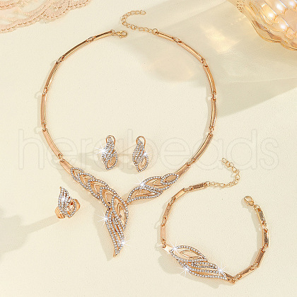 Leaf Alloy Crystal Rhinestone Pendant Necklace & Stud Earring & Chain Bracelets & Rings Sets FS-WGADEF8-01-1