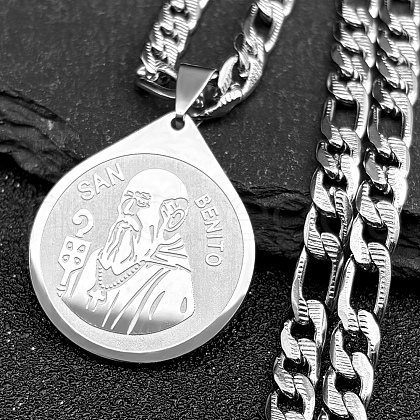 Teardrop with Father St. Benedict Pattern 304 Stainless Steel Pendant Necklaces for Men Women NJEW-K283-19P-1