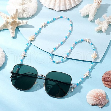 Starfish Turtle Synthetic Turquoise & Glass Seed & Plastic Beaded Adult Eyeglasses Chains AJEW-EH00396-1