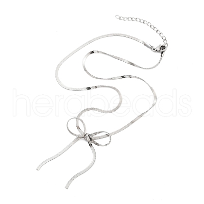 304 Stainless Steel Flat Snake Chain Bowknot Pendant Necklaces for Women NJEW-Z050-01P-02-1