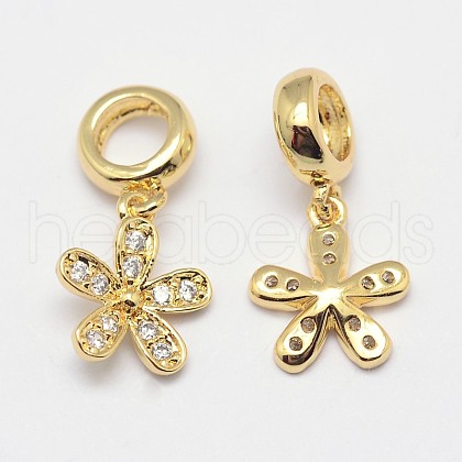 Flower Brass Micro Pave Grade AAA Cubic Zirconia European Dangle Charms ZIRC-O022-43G-NR-1