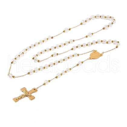 Ion Plating(IP) Crucifix Cross 304 Stainless Steel Rosary Bead Necklaces NJEW-M075-03G-01-1