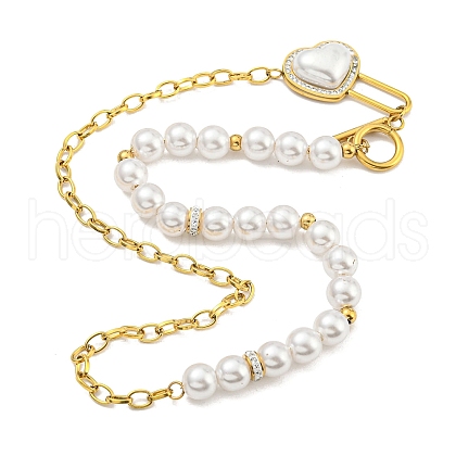 Ion Plating(IP) 201 Stainless Steel Pave Clear Cubic Zirconia & Plastic Pearl Beaded Necklaces NJEW-K270-18G-1