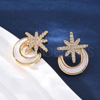 Star with Moon Brass Micro Pave Clear Cubic Zirconia Stud Earrings KK-D363-18G-1