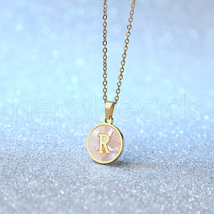Flat Round Stainless Steel Pave Natural White Shell Initial Pendant Necklaces for Women FS-WG6FA45-18-1