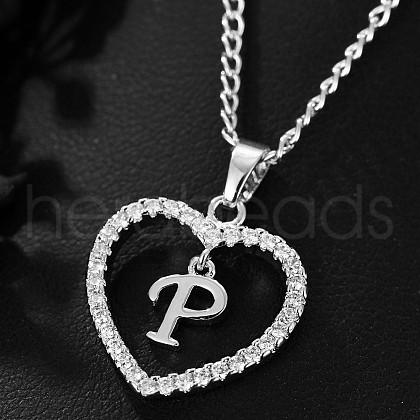 Brass Micro Pave Clear Cubic Zirconia Hollow Heart with Initial Pendant Necklaces WG4069A-21-1