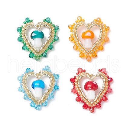 Mushroom Handmade Lampwork with Grade A Round Glass Seed Beads and Rack Plating Alloy Open Back Bezel Pendants and Electroplate Glass Beads Pendants PALLOY-MZ00689-1