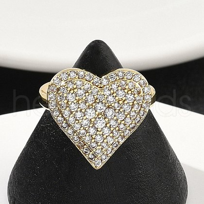 Heart Brass Micro Pave Cubic Zirconia Cuff Rings for Women RJEW-A069-12G-02-1