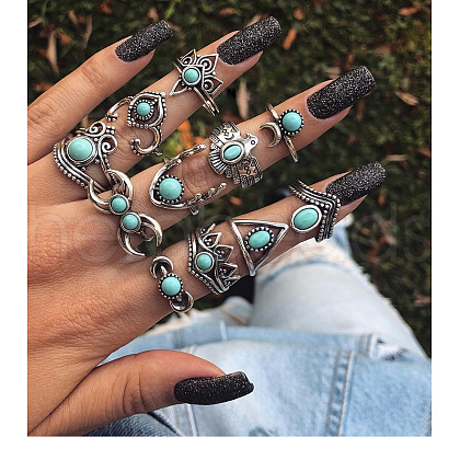 11Pcs Alloy with Synthetic Turquoise Finger Rings FS-WG21963-02-1