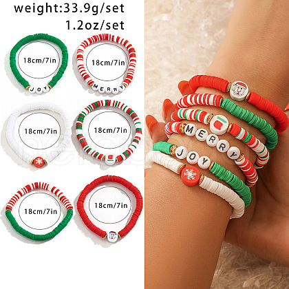 5Pcs 5 Styles Christmas Theme Polymer Clay Heishi Beads Stretch Bracelets for Men Women WG289FB-01-1