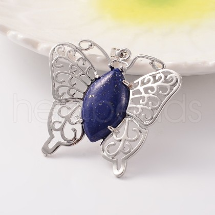 Butterfly Platinum Tone Brass Natural Lapis Lazuli Pendants G-M288-11-1