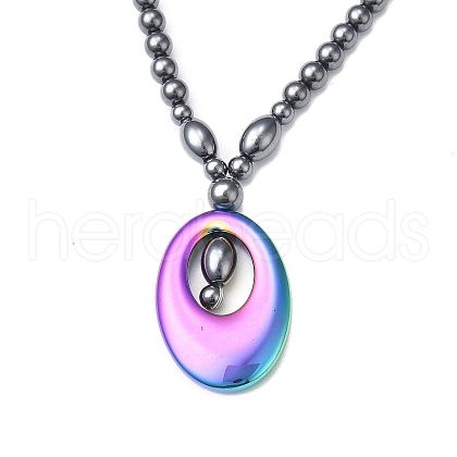 Synthetic Non-magnetic Hematite Oval Pendant Necklace with Beaded Chains for Women NJEW-F307-01-1