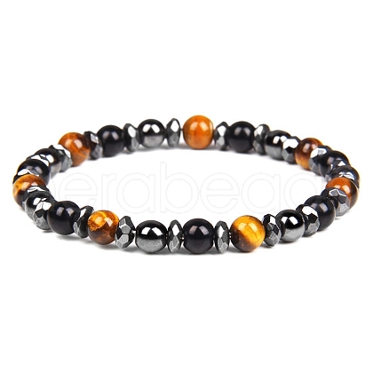 Non-magnetic Synthetic Hematite and Natural Tiger Eye Beaded Stretch Bracelets for Men PW-WG779D8-01-1