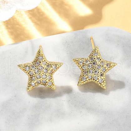 Star Brass Micro Pave Clear Cubic Zirconia Stud Earrings EJEW-A132-16G-1