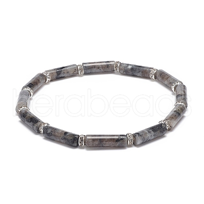 Natural Larvikite Column Beaded Stretch Bracelet BJEW-JB08989-03-1