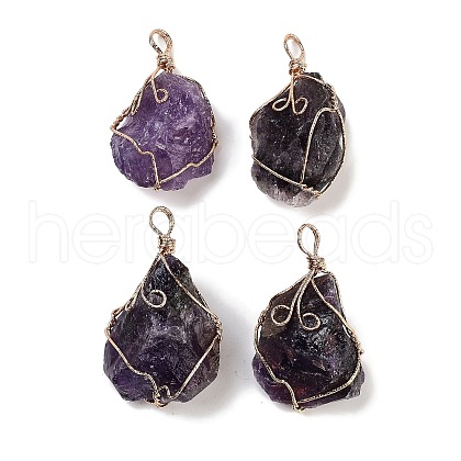 Raw Rough Natural Amethyst Copper Wire Wrapped Big Pendants G-B077-01G-02-1