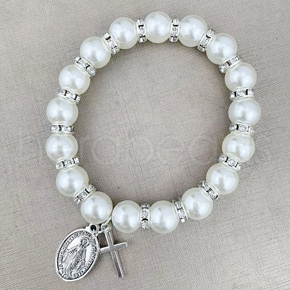 Plastic Imitation Pearl Cross & Oval Charm Bracelets GO6611-1