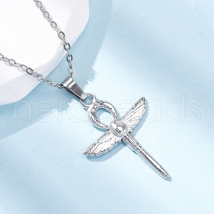 Ankh Cross with Wings 304 Stainless Steel Pendant Necklaces NJEW-H059-08P-1