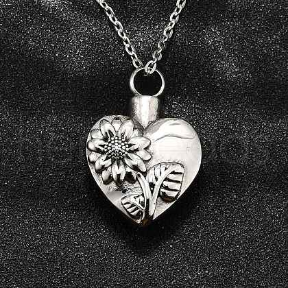 304 Stainless Steel Heart Sunflower Cinerary Casket Pendant Necklaces NJEW-V002-03P-1