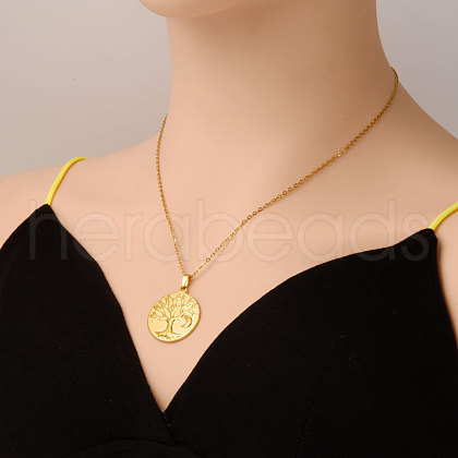 Stainless Steel Flat Round with Tree of Life Pendant Necklaces for Women JD5212-2-1