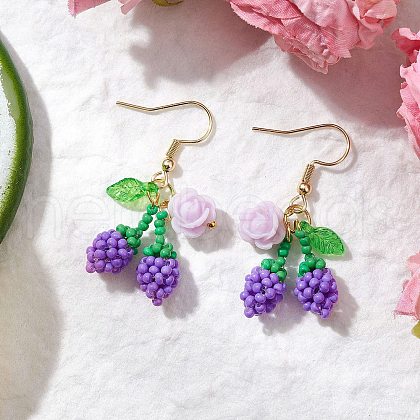 Flower with Cherry 304 Stainless Steel Glass Seed Beads Dangle Earrings EJEW-MZ00419-01-1