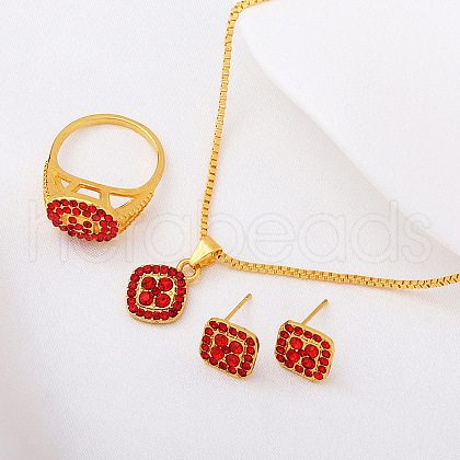 Rhombus Alloy with Rhinestone Pendant Necklace & Stud Earring & Ring FS-WGFED7A-05-1