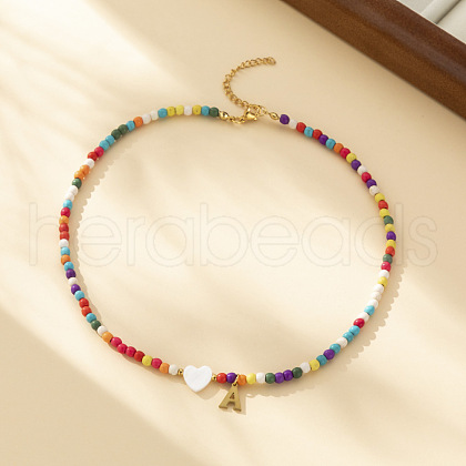 Heart Natural Shell & Colorful Glass Seed Round Beaded Necklaces FS-WGE10D5-01-1