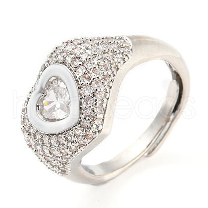 Enamel Heart Adjustable Ring with Clear Cubic Zirconia RJEW-Q781-01P-04-1