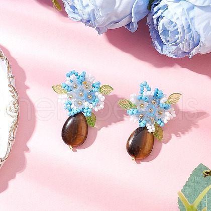 Handmade Glass Seed Beads Natural Tiger Eye Stud Earrings EJEW-MZ00449-02-1