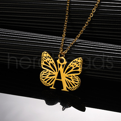 304 Stainless Steel Butterfly Initial Pendant Necklaces WG80197-01-1
